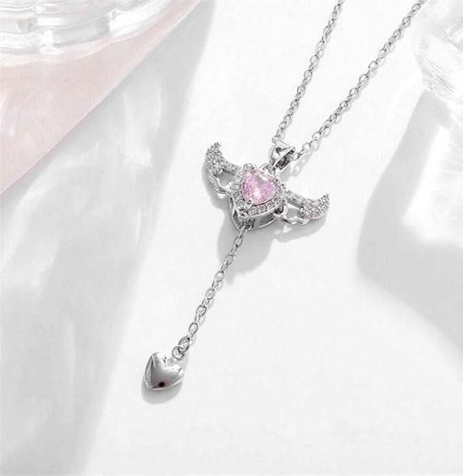 Silver Plated Chain With Heart Angel Wings Pendant